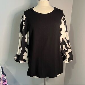 Chico's Size 3 (XL/16) Black Mixed Media Balloon Statement Sleeves Top Blouse